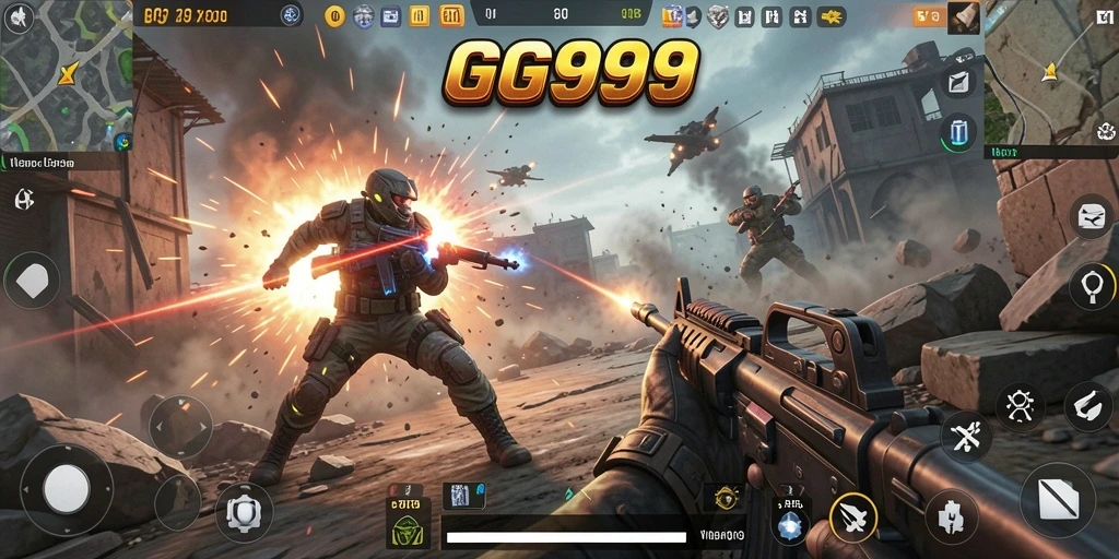 Screenshot gameplay GG999 menunjukkan aksi seru dalam pertempuran FPS.