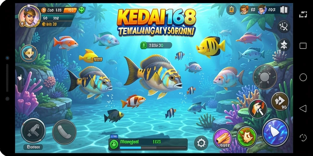 Screenshot utama KEDAI168 menampilkan gameplay Tembak Ikan yang dinamis.