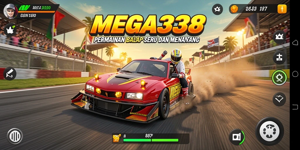 Tangkapan layar utama MEGA338 menampilkan aksi balap yang mendebarkan.